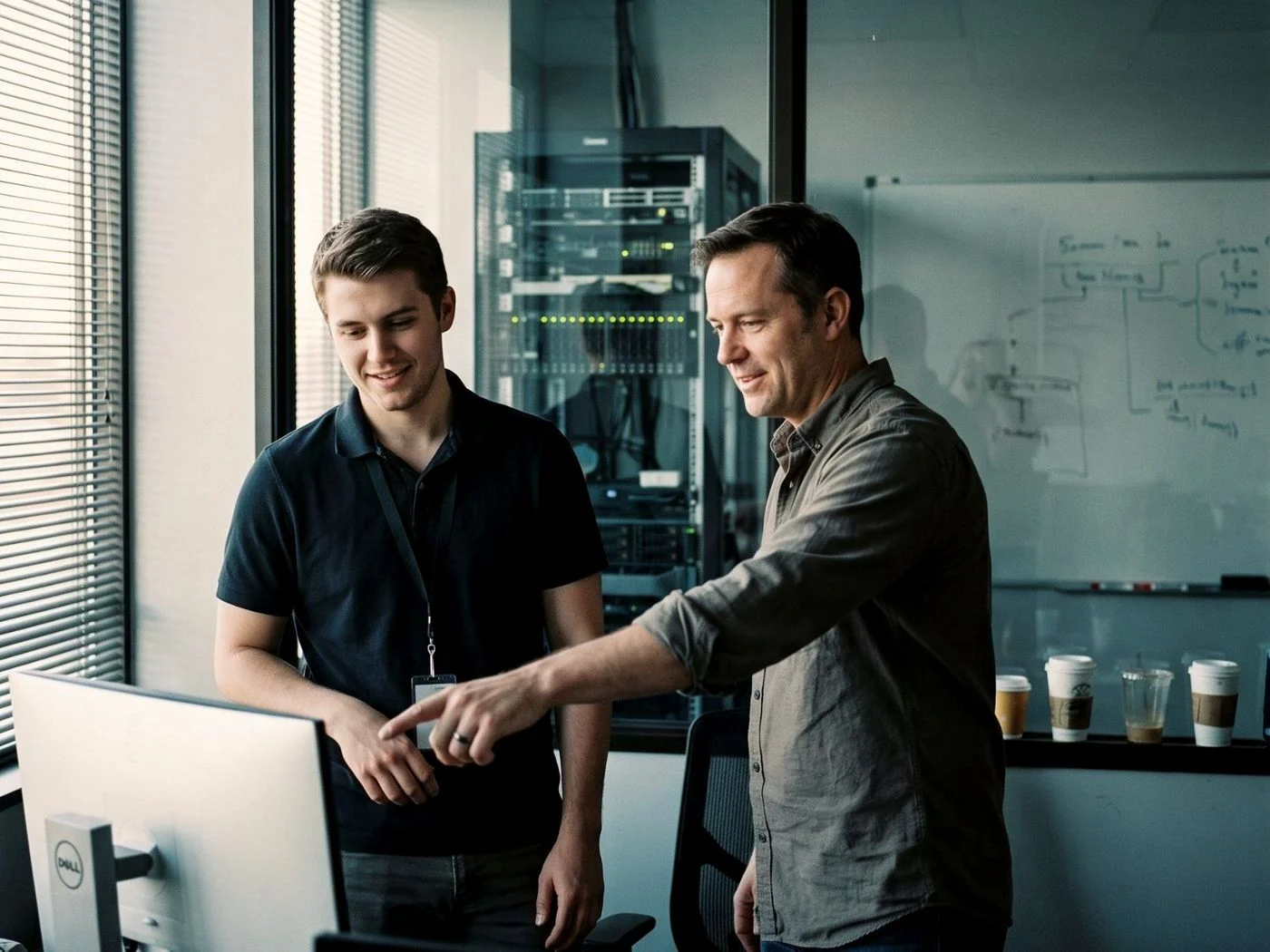 A senior engineer welcoming a newly placed colleague at their desk