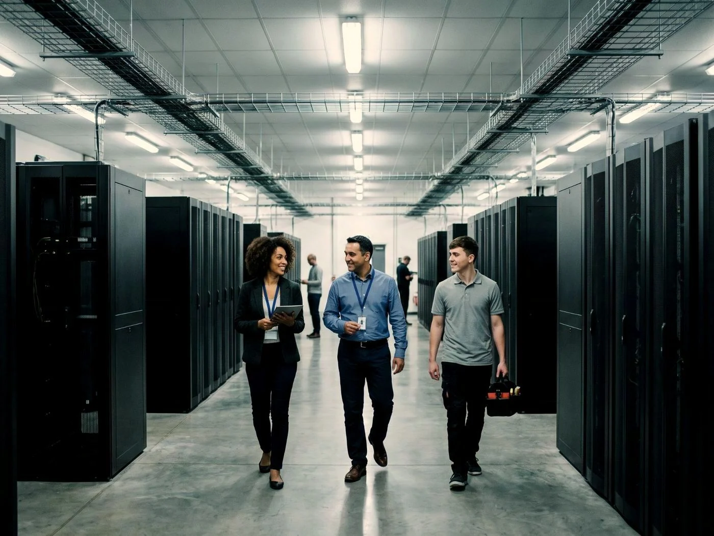 Supportwave engineers walking a data center aisle, one carrying a field tool bag